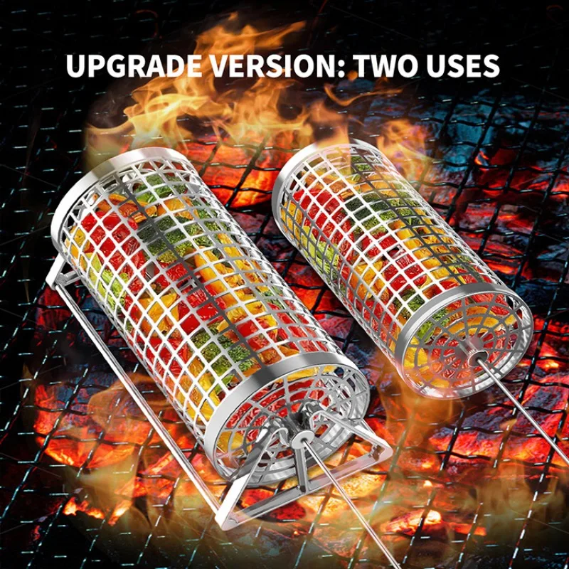 Round BBQ Grill Basket Portable Rolling Grill Mesh Outdoor Barbecue Smoked Cage Rotisserie Cooking Grill Net for Camping