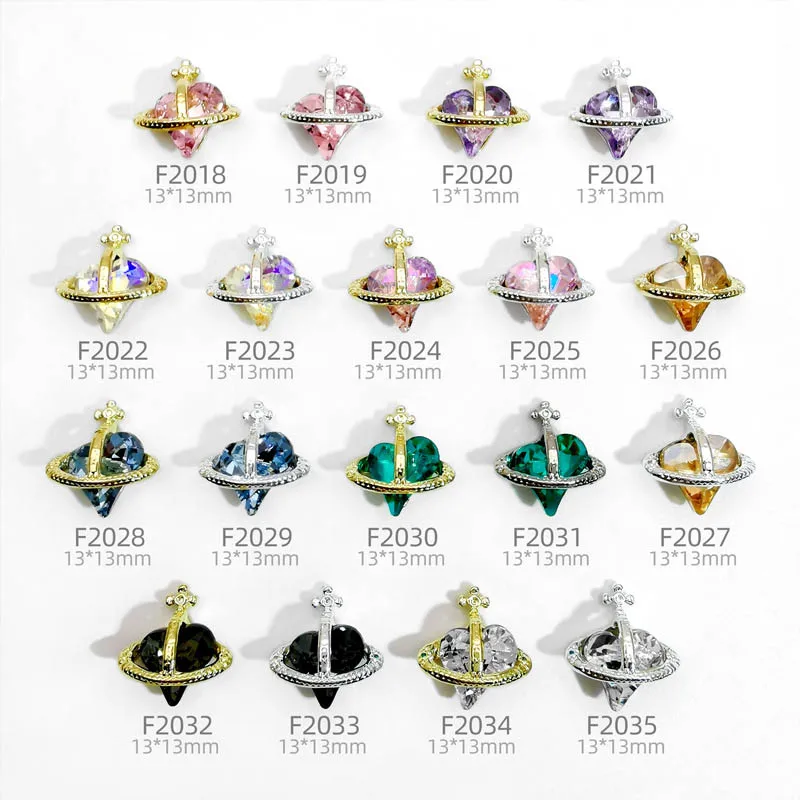 10Pcs 3D Alloy Crooked Heart Saturn Planet Nail Art Charms Gold/Silver Accessories Large Crystal Cross 13/18mm Shiny Nail Parts