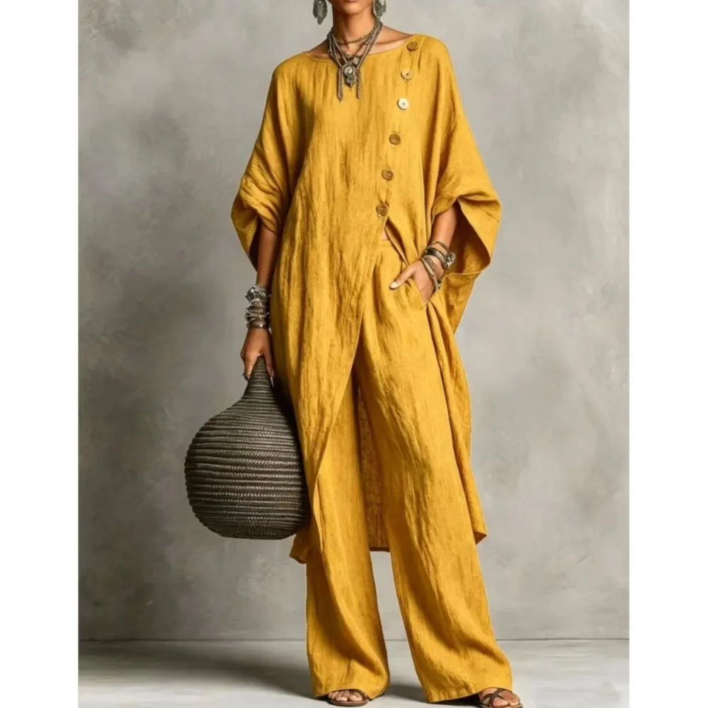 Autumn New Women's Irregular Single-breasted Slit Long Top + Trousers 2-piece Set Loose Wide-leg Pocket Trousers Female Suit2026