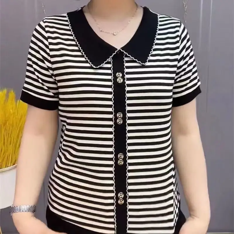 2024 New Summer Office Lady Loose Casual Elegant Fashion T-shirts for Women Striped Knitting Lapels Short Sleeve Button Y2K Tops