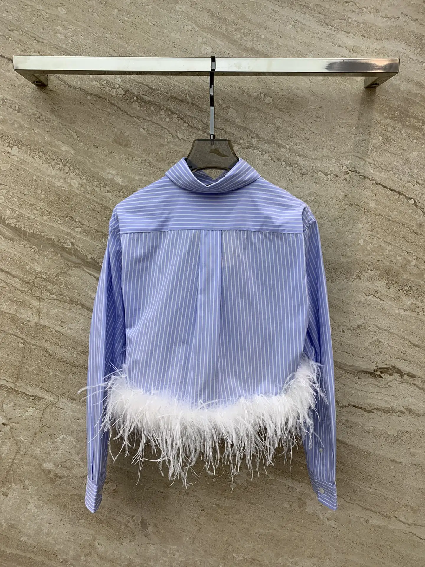 New style for early spring feather trim striped cotton shirt