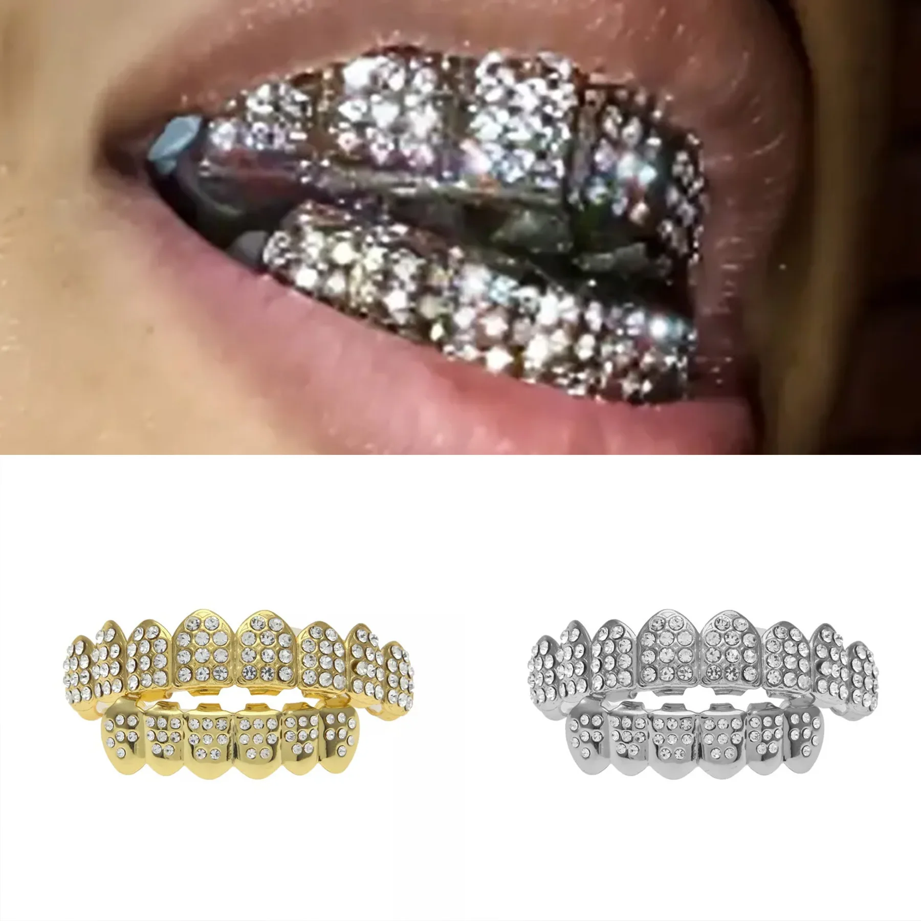 Hip Hop Gold Silver Colour Iced Out CZ Teeth Grillz Top Bottom Men Women Jewelry