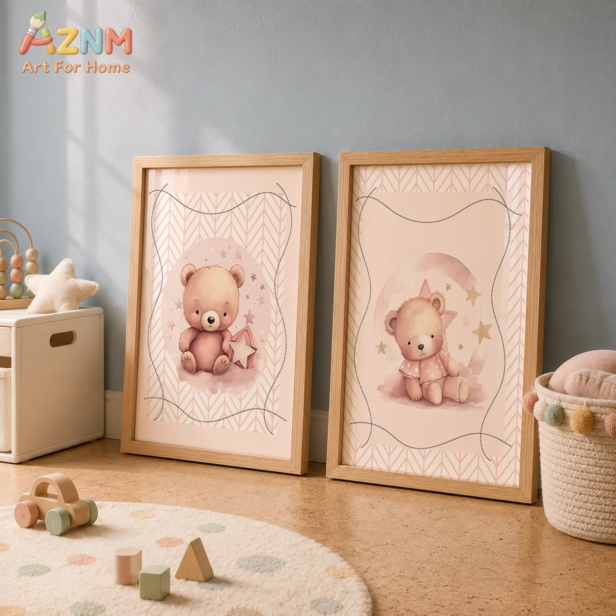 AZNM Pink Watercolor Teddy Bear Canvas Wall Art Print Cute Stars Moon Poster for Baby Girl Nursery Room Decor