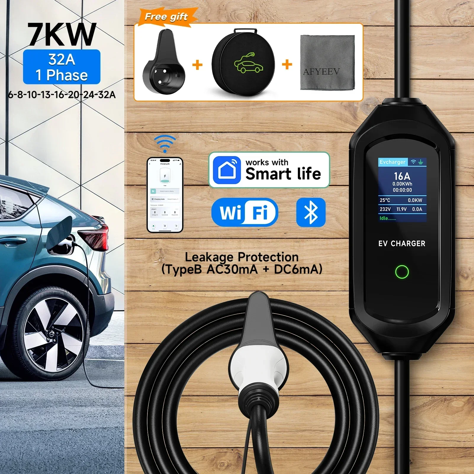 Type2 IEC62196-2 Portable EV Charger 7KW 32A Type1 J1772 EVSE Fast Charging Cable GBT 20234 CEE Plug WiFi APP Bluetooth Control