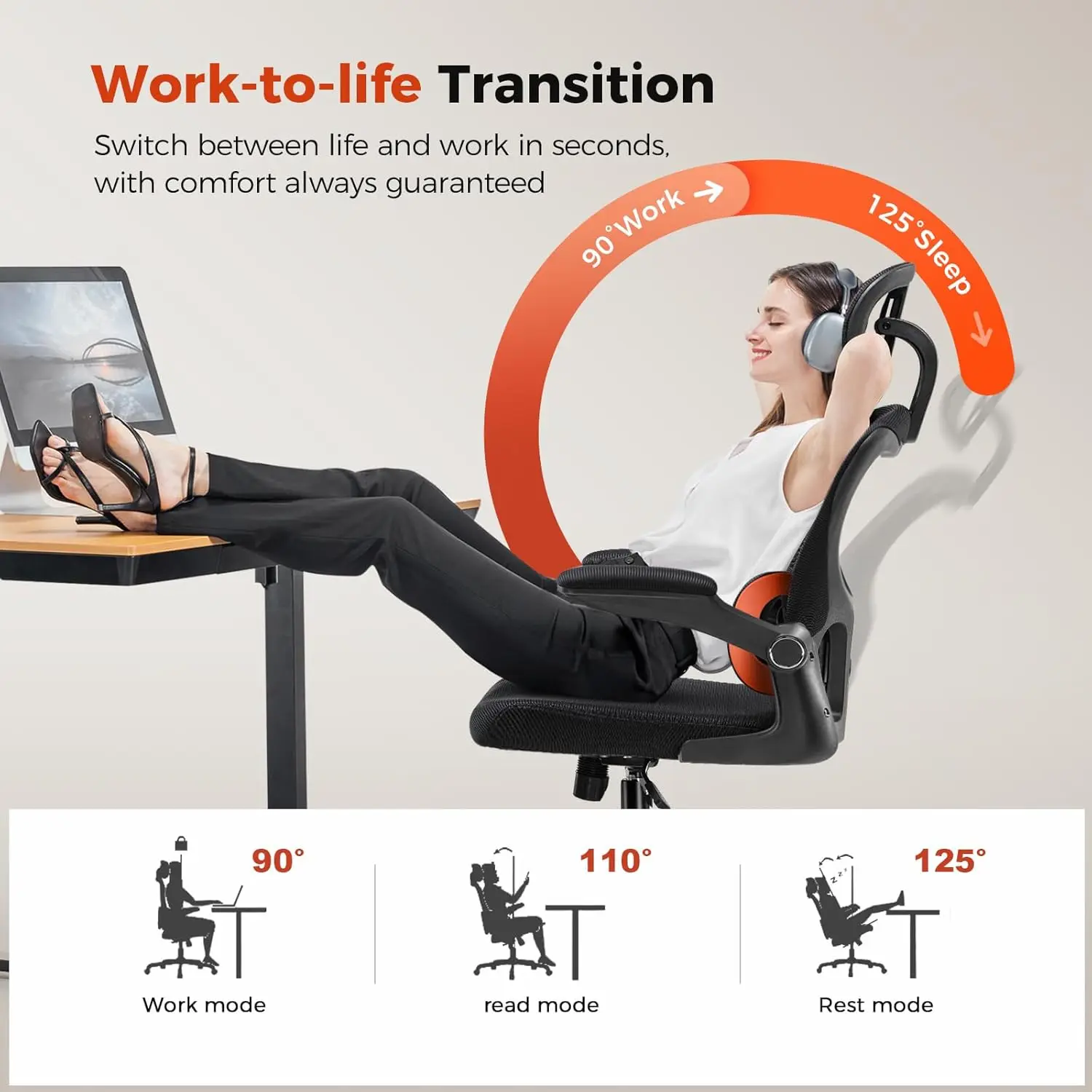 Office Chair Ergonomic Desk Chair with 3D Adaptive Lumbar Support & Headrest, High Back Home Mesh Chair with Flip-Up Arms