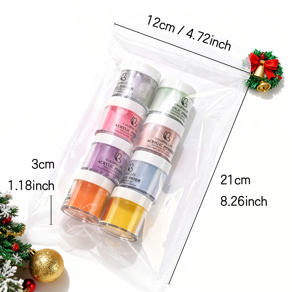 6/8 colori Set di polvere acrilica per unghie natalizie Rosso Verde Argento Giallo Polvere di cristallo 3In1 Estensione/Dipping/Incisione Polvere di pigmenti