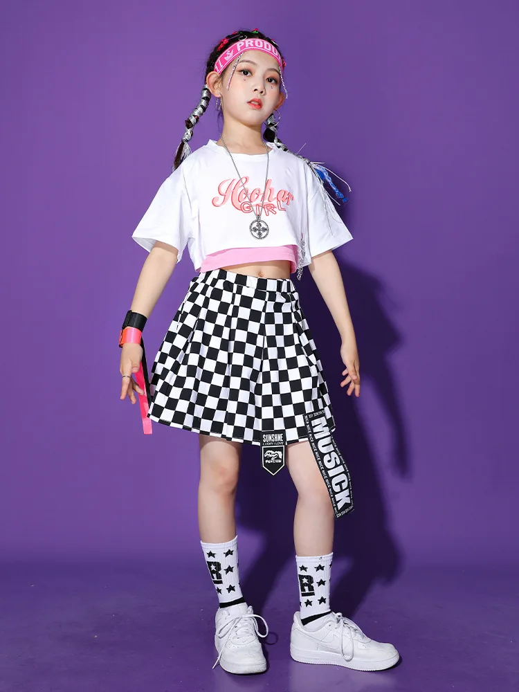 Abbigliamento Hip Hop Kpop per bambini T-shirt corta bianca Canotta rosa Minigonna a quadretti da strada per ragazza Abbigliamento da ballo jazz Costumi