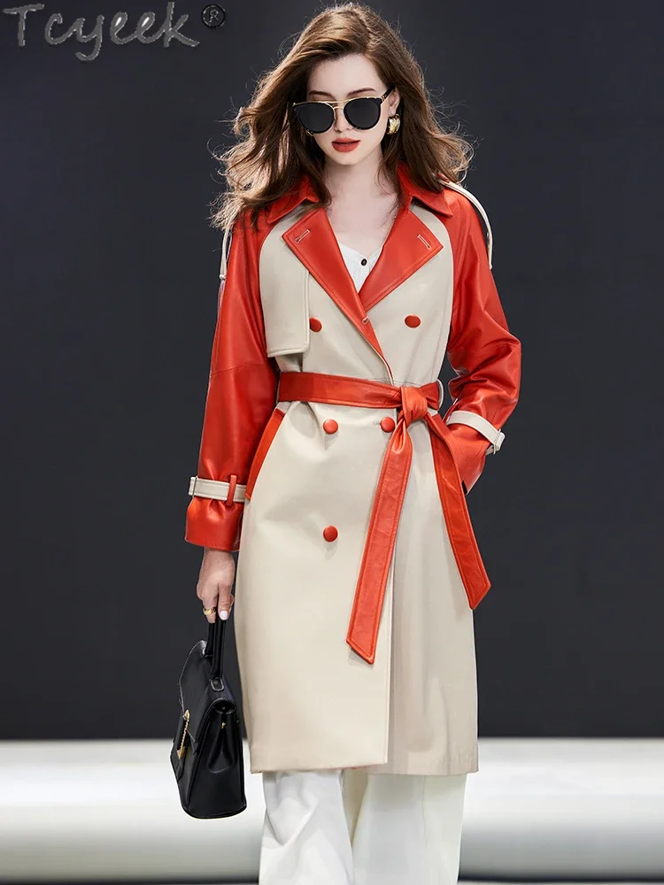 Tcyeek jaqueta de couro real feminina casaco de couro de pele de carneiro natural de comprimento médio trench coats para mulher outono inverno roupas cinto