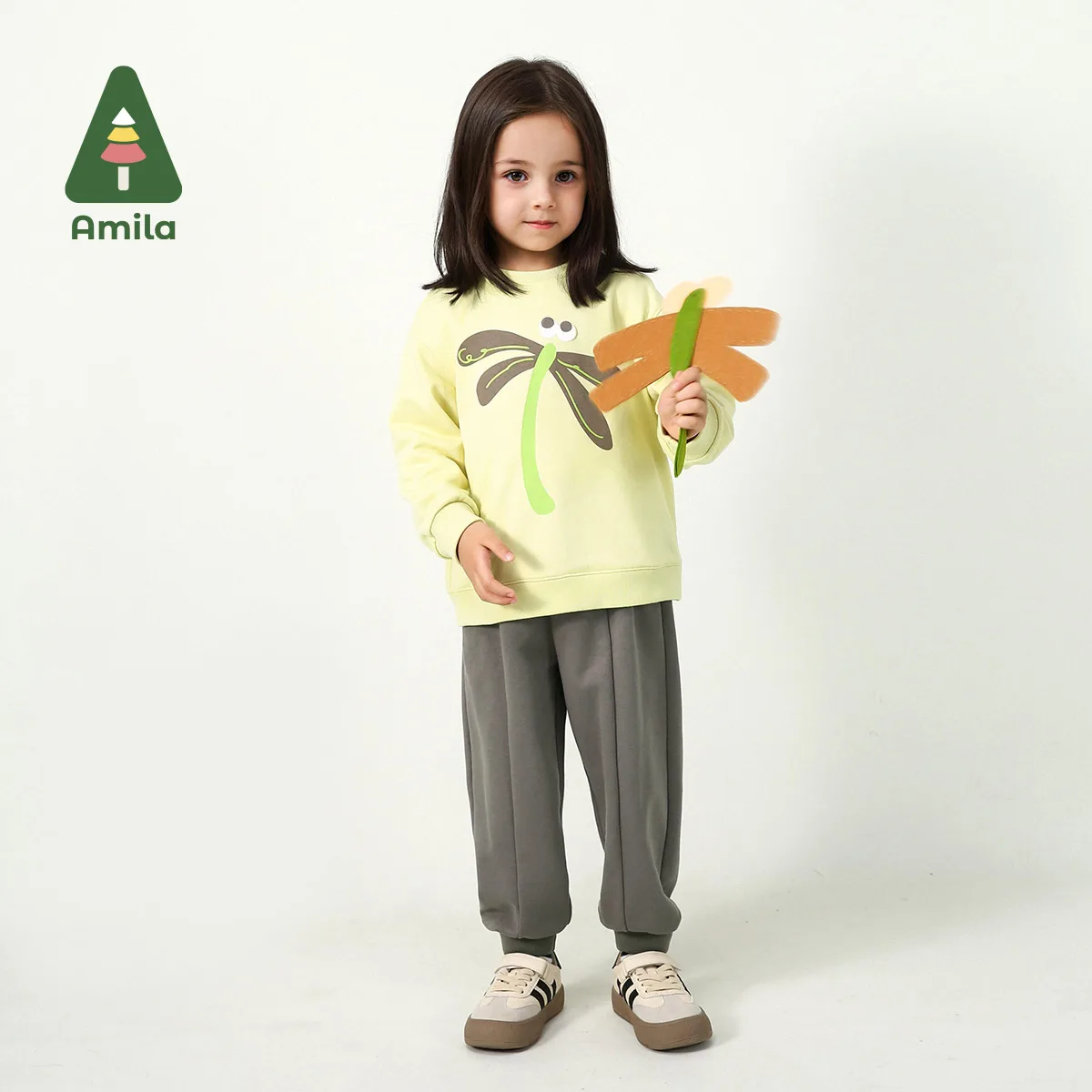 Amila Baby Set 2025 Spring New Solid Color Dragonfly Cartoon Pattern Solid Loose Sweatshirt Leggings Children's Two-Piece Set