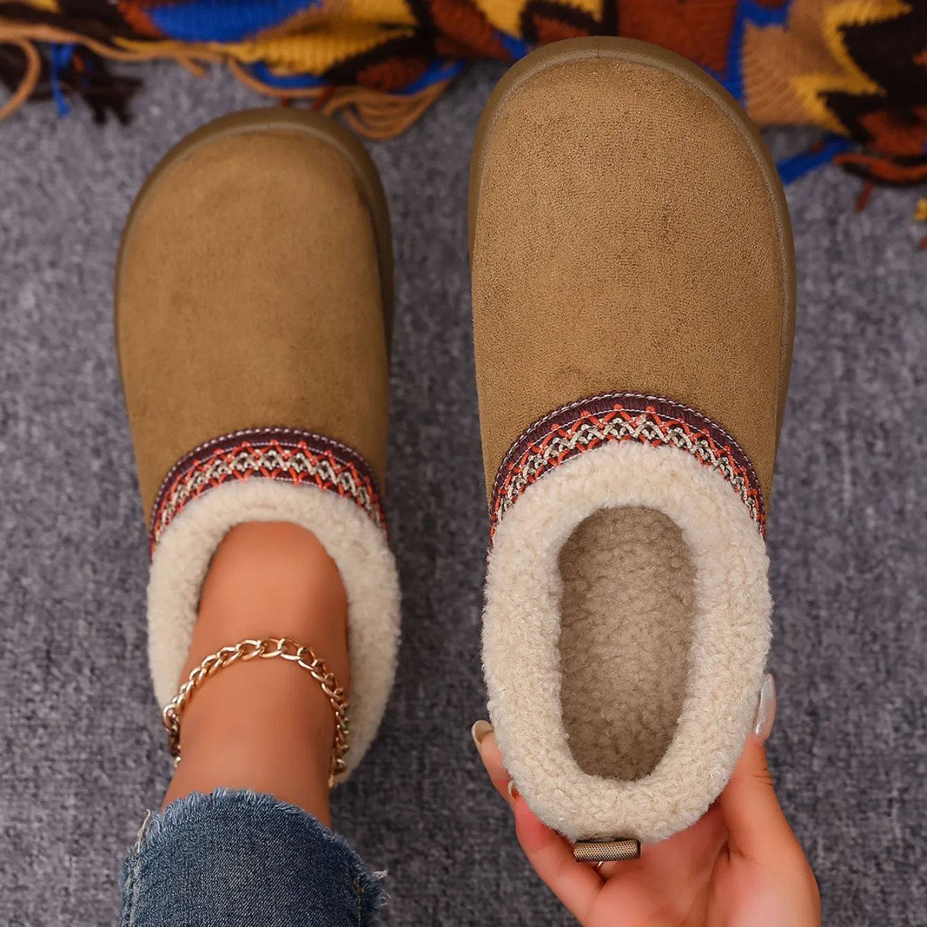 Snow Boots Women Winter Warm Thick Soles Women Shoes Without Heel-covered Hair Half Slippers Cotton Shoes Cashmere Warm Boots