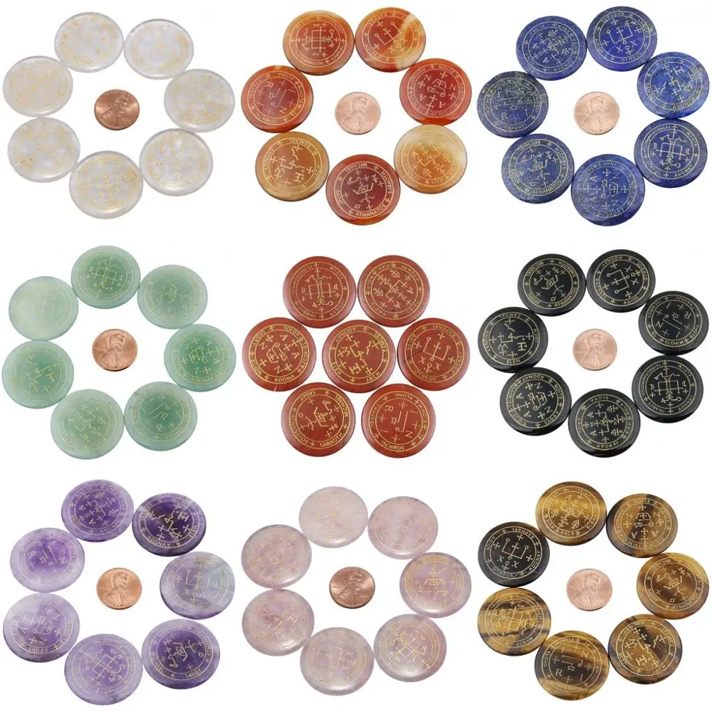 7Pc/Set Engraved Magic Archangel Symbol Round Crystal Stone Slices Spiritual Powers Palm Stone Worry Stone For Chakra Balancing