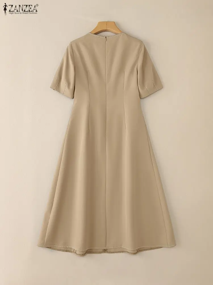 ZANZEA Elegant Women Fabric Flower Midi Dresses Casual O-Neck Short Puff Sleeve Fitted Waist Contrast-Stitch Classy A-Line Dress