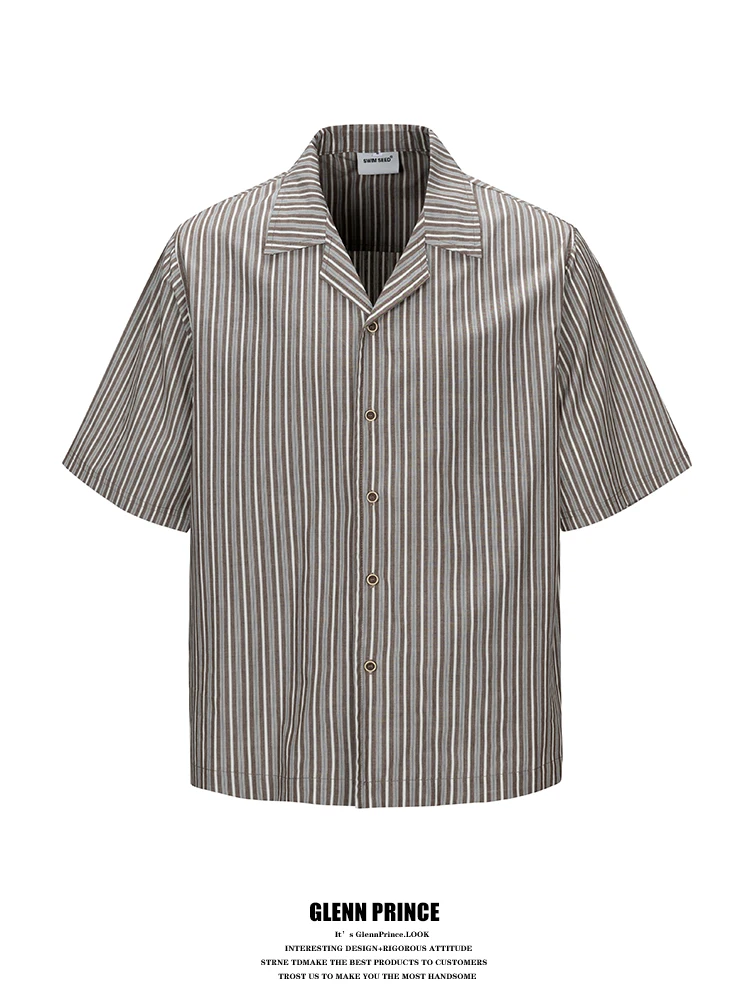 

Casual Cuban Collar Short Sleeve Shirt Men's Summer Classic Stripe Pattern Breathable Cotton Leisure Commute Button up Top