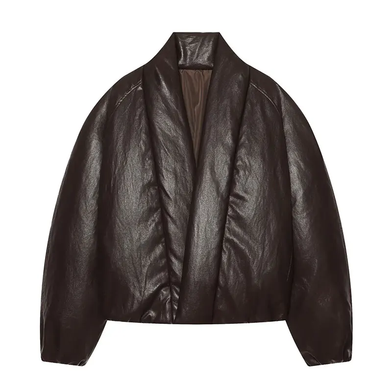 Nlzgmsj 2026 Autumn Winter Women Faux Leather Jacket Wrap V Neck Long Sleeve Loose Oversized  PU Leather Casual Warm Coat