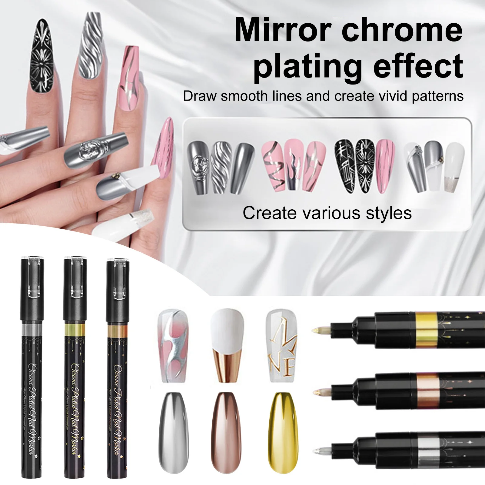 1/3Pcs Nail Art Pen Chrome Metallic Nail Art Graffiti Pen Fine Tip Nails Painting Pen for Personal DIY Nail Salon