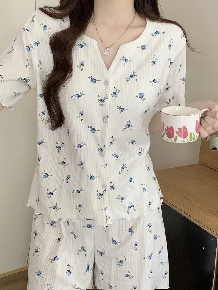 

Summer ort Sve Women's Spwear Pure Cotton Floral Print Inteated Design Comfortable Breathable Nightgown Set