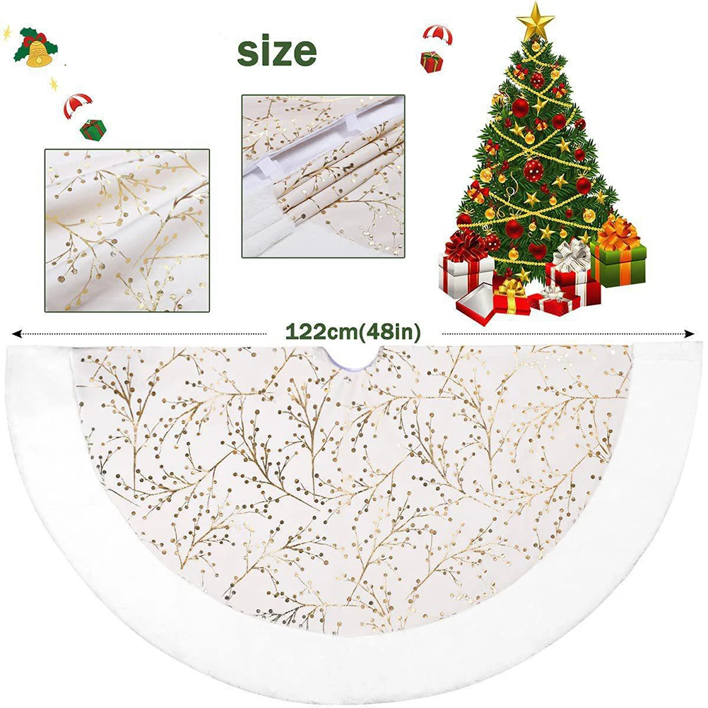 

Hot Gold Plush Christmas Tree Skirt Flower Branch Pattern Feative Party Decoration Supplies 122cm