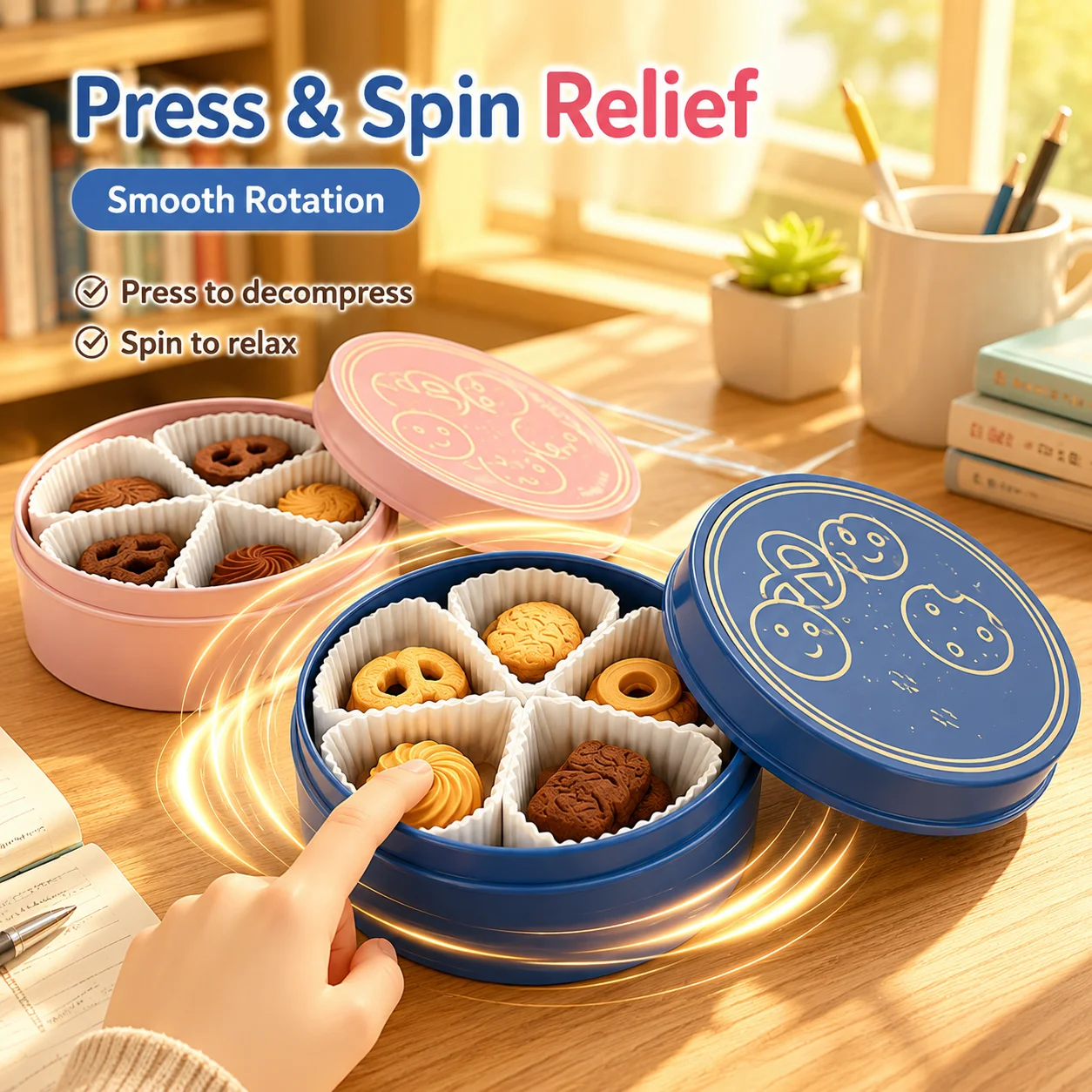Cookie Box Simulation Biscuit Fidget Toy Press Button Spinner Rotation Stress Relief Sensory Desk Toy Novelty Gift Set