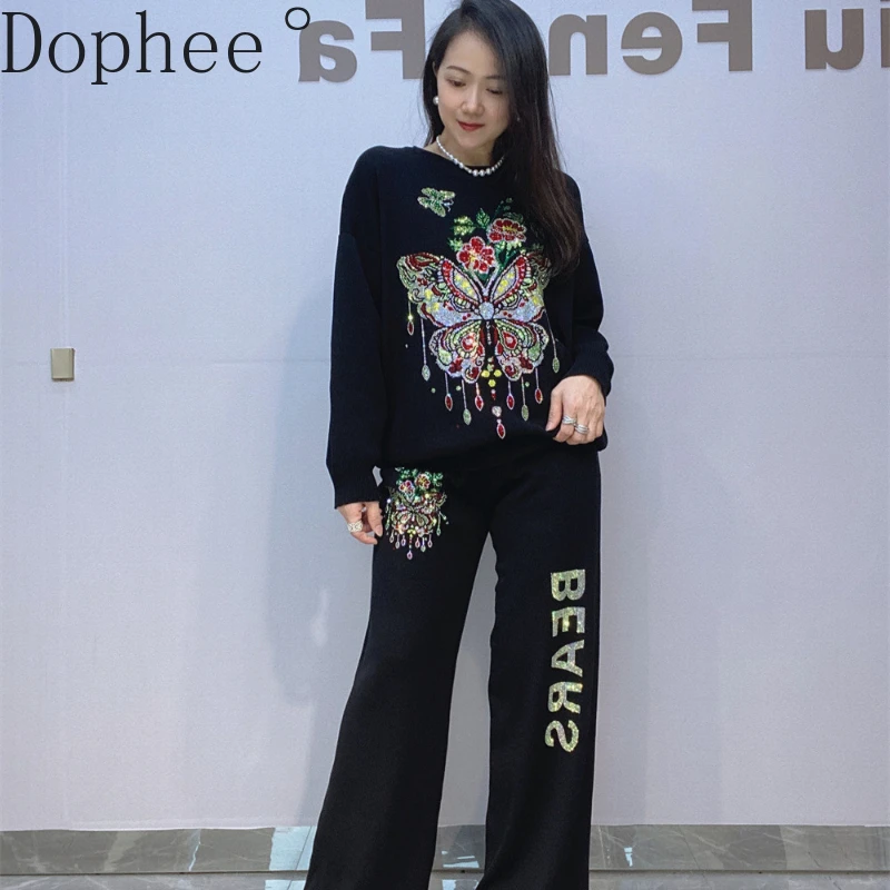 

Luxury Butterfly Hot Drilling Women Knitted Sets Pullover O-neck Long Sleeve Sweater Top + Elastic Waist Wide Leg Straight Pants