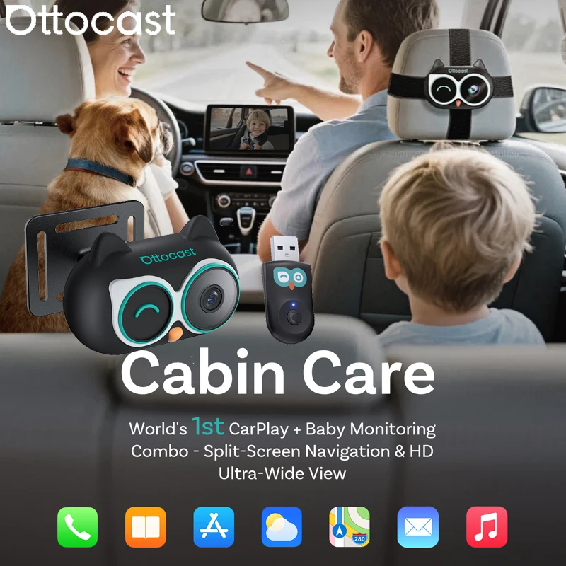 OTTOCAST Cabin Care Baby Car Camera Wireless Carplay Adapter 1080P 150° Wide Angle Night Vision Back‑Seat Monitor Easy Install