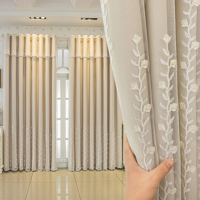 Double Layer Curtain Fabric Set, Branch Embroidery Design, Simple Pure Color Nordic Style, Full Sun Blocking Bedroom Shade Cloth