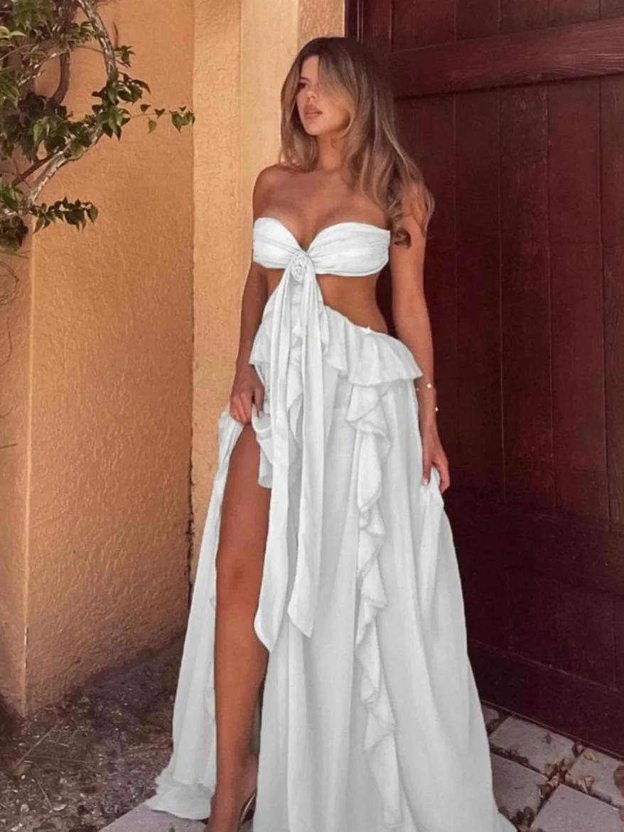 UNI Luxus-Damen-Ballkleid mit Ausschnitt, ärmellos, zum Binden hinten, einfarbig, Rüschen, langes Kleid, Sommer-Partykleid