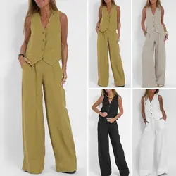 High-quality Women Suit Women Suit Set Women's Cotton Linen Wide Leg Suit Set Sleeveless Vest Long Pants Outfit for Office