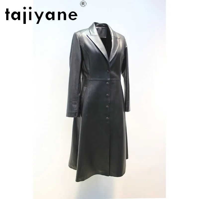 TAJIYANE Sheepskin Genuine Leather Jacket Women Slim Fit Outerwear Hepburn Style Black Jackets Long Leather Trench Coat 112cm