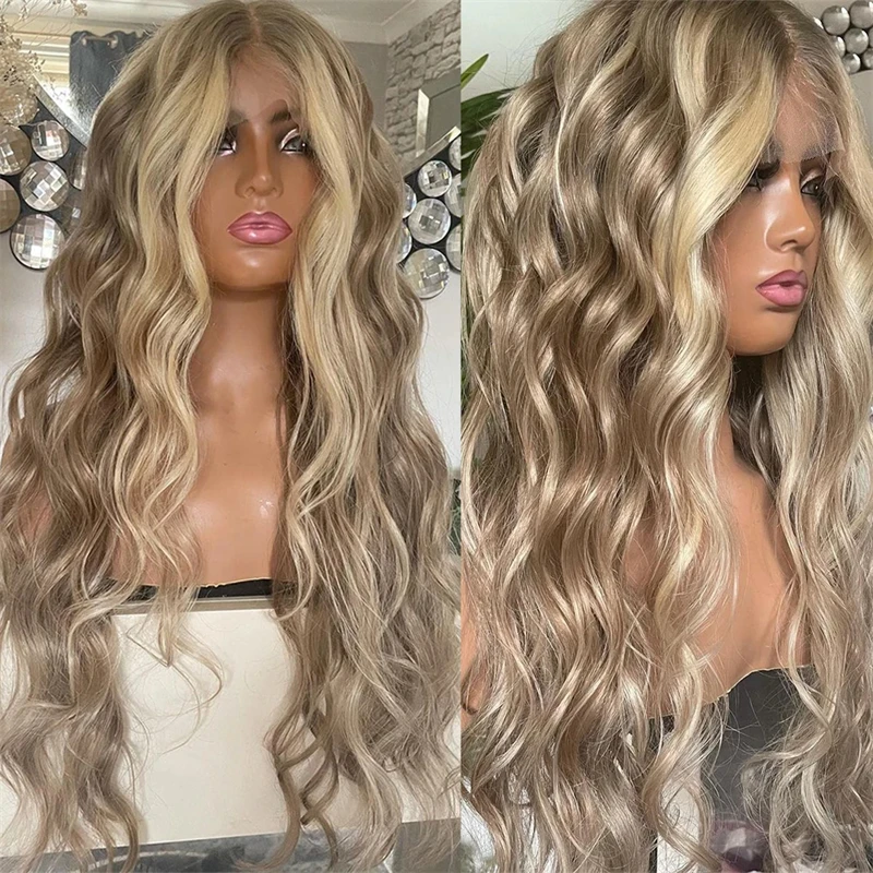 

Highlight Lace Front Human Hair Wig Ombre Ash Blonde Natural Wave HD Transparent Lace Brazilian Remy Ash Root 13x4 Lace Wigs