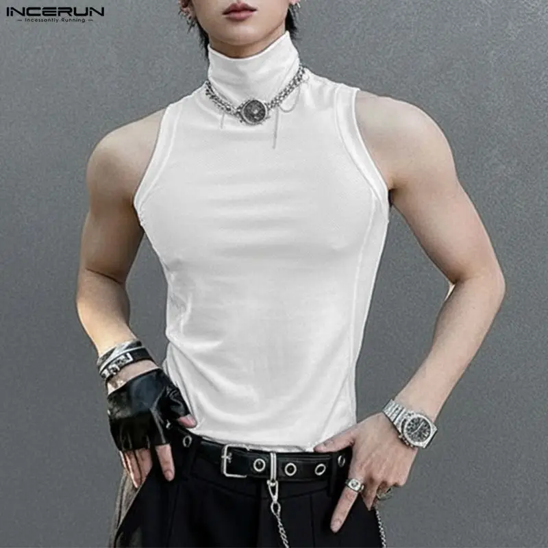 INCERUN Männer Tank Tops Einfarbig Rollkragen Ärmellose Männliche Westen Streetwear Sommer 2026 Gestrickte Mode Lässig Männer Kleidung