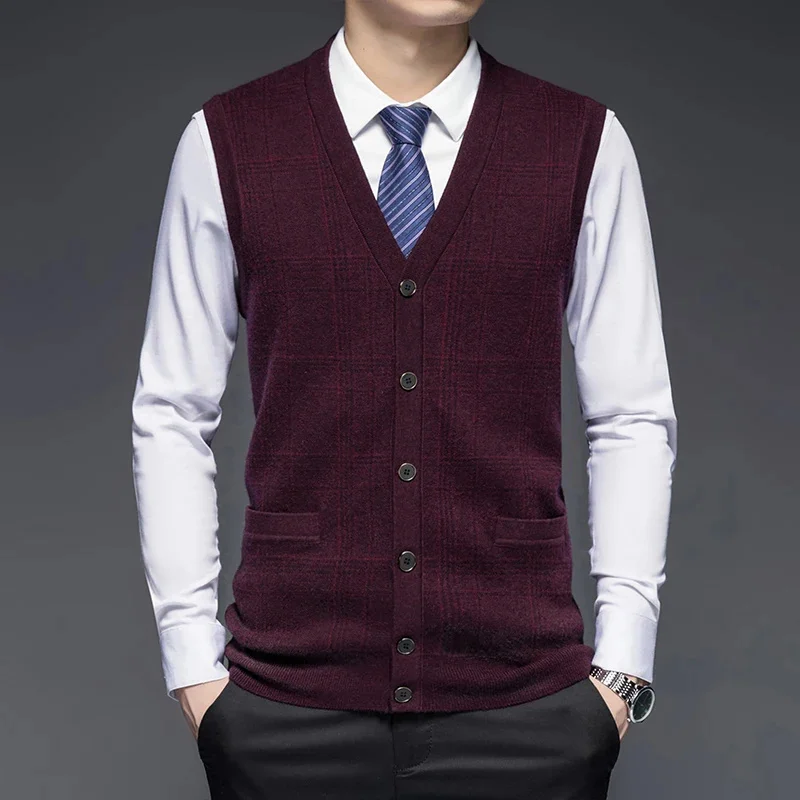 

Wool Pure Cardigan Men's Vest V-neck Loose Thick 100% Sweater Autumn and Winter High-End Knitted Waistcoat