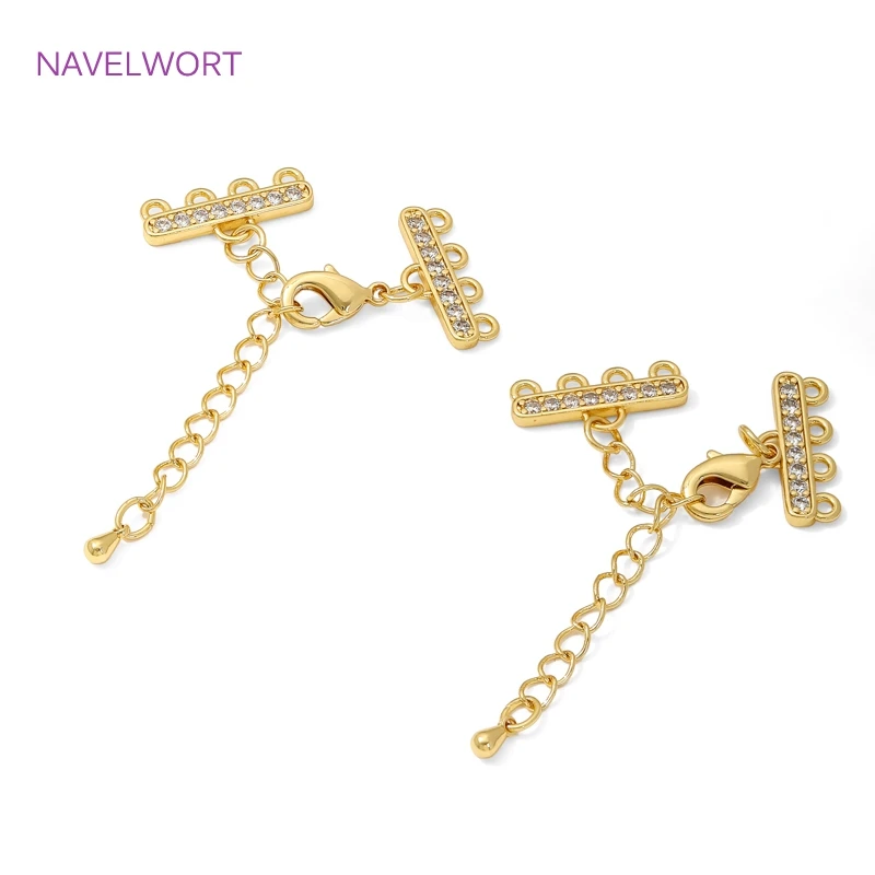 18K Gold Plated Inlaid Zircon Extension Chain Connector,Brass 2/3/4/5 Rows End Fasteners Clasps,For DIY Jewelry Making Findings image 2