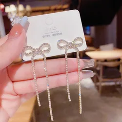 925 Silver Needle Korean Fashion Long Crystal Bow Tassel Earrings For Women Jewelry 2026 Trending Luxury Pearl Bowknot Earrings