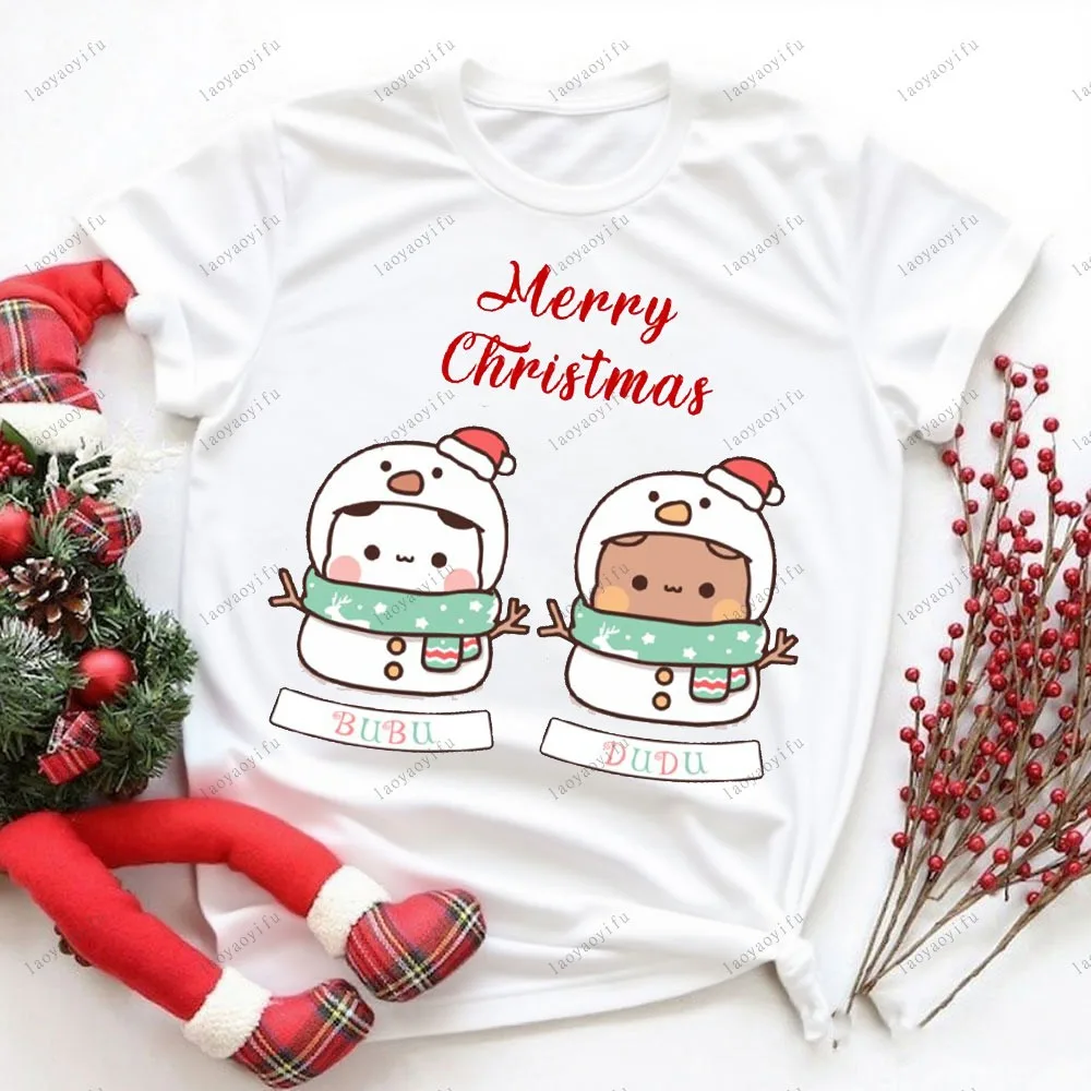 

Футболка с принтом Merry Chiustmas Bubu Dudu, новые повседневные простые универсальные толстовки, женская одежда, хлопковые топы высокого качества