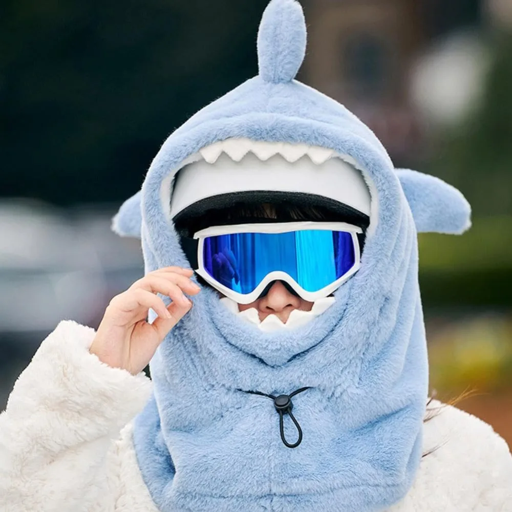 Cute Cartoon Shark Mask Neck Union Hat Windproof Warm Skiing Cap Scarf Soft Fleece Thickening Neck Warmer Winter