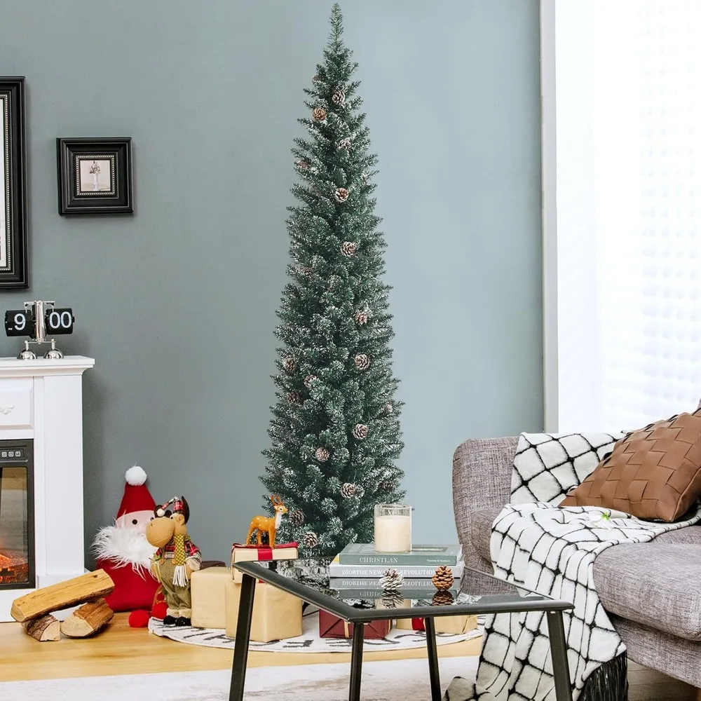 شجرة عيد الميلاد الاصطناعية رفيعة بطول 7 أقدام مع 351 أطراف فرعية و41 مخروطًا من الصنوبر، ديكور احتفالي ثلجي للاحتفال بالعطلات #2