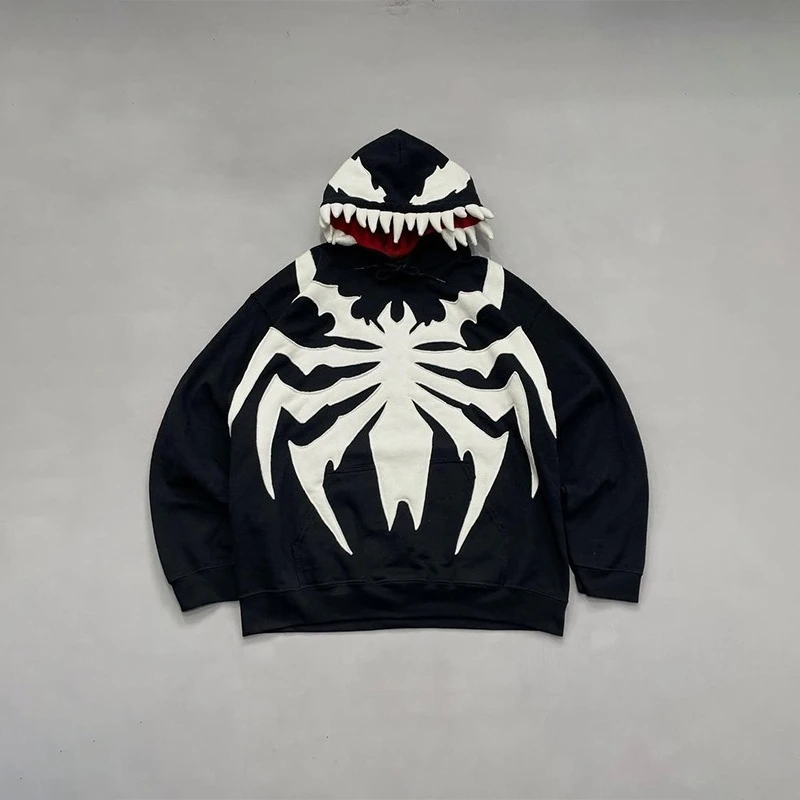 

White Spider Pattern Teeth Hood Design Oversized Long Sleeves Gothic Hoodie Y2K Men Women Fashion Casual Streetwear Sweatshirt