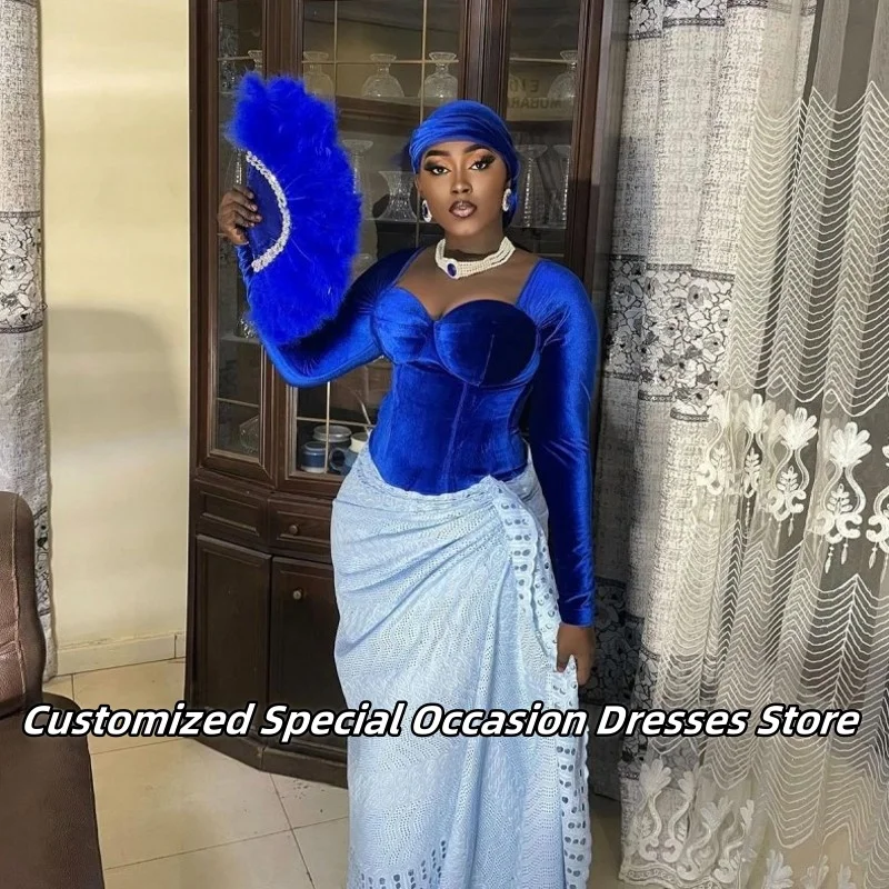 

Элегантные королевские синие бархатные вечерние платья для черных девочек, африканское платье русалки для свадебной вечеринки, платья для выпускного вечера Aso Ebi 2025 по индивидуальному заказу