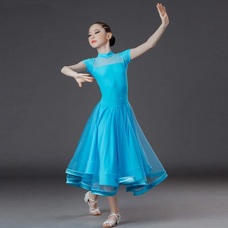 

Детская одежда для бальных танцев для вальса и танго для девочек, профессиональные шифоновые платья на тонких бретельках, большие юбки с рыбьей косточкой, современные костюмы