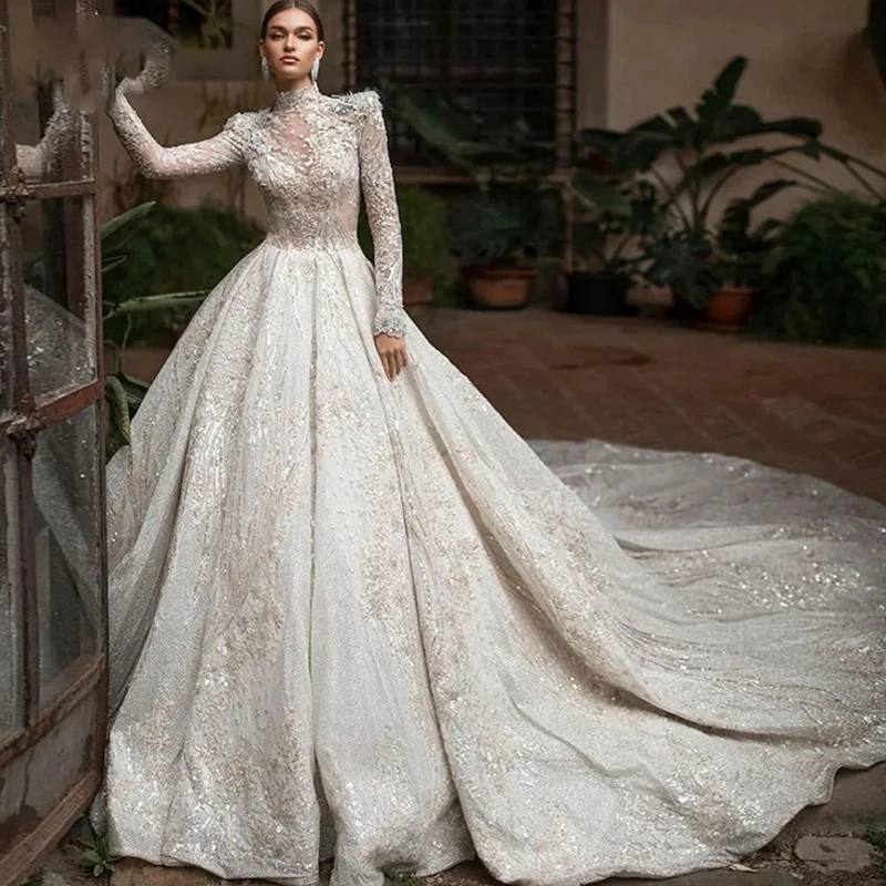 

Luxurious Wedding Dress Embroidered Lace On Net With Beading Sequins Ball Gown Full Sleeve High-Neck Bridal Dress Button Elegant