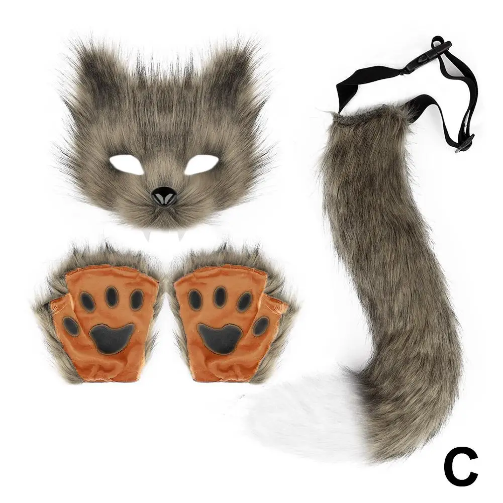 Fluffy Fur Tail Cat Paws Gloves And Wolf Therian Mask Set For Halloween Cosplay Costume Accessories Mask Sets Y0Z2