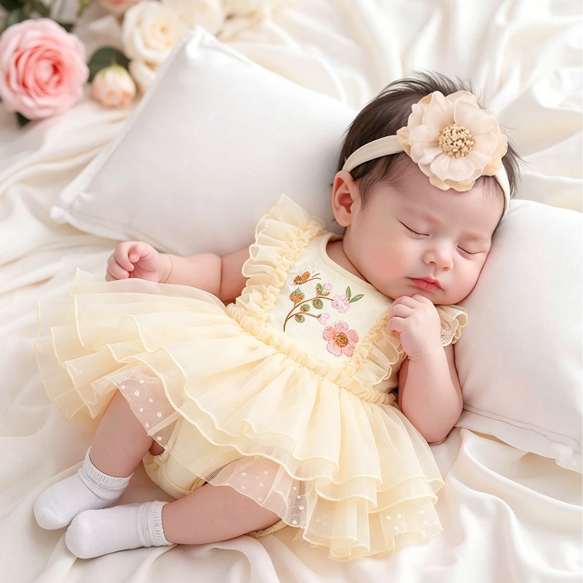 

Newborn Baby Girl Tutu Romper Set Floral Butterfly Embroidery Sleeveless Ruffle Tulle Bodysuit with Flower Headband Photography
