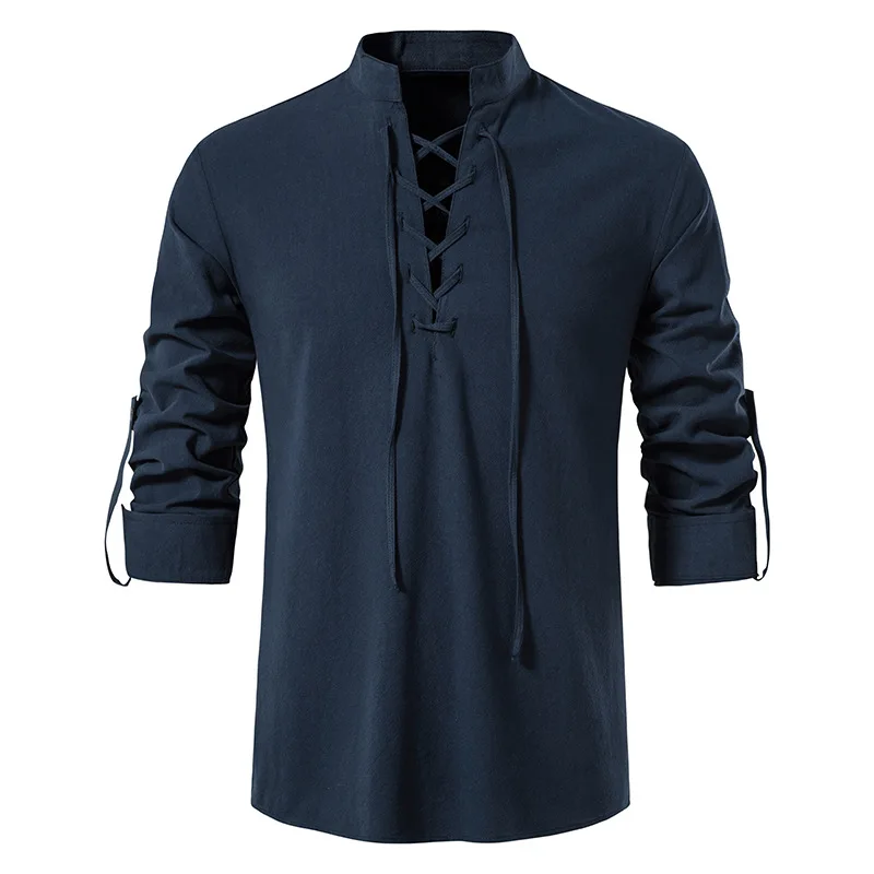 2024 New Men\'s V-neck shirt T-shirt Fashion Vintage Thin Long Sleeve Top men Casual Breathable Viking Front Lace Up man Shirts