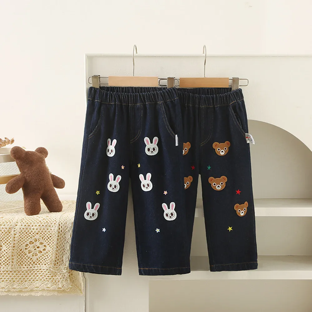 Autumn children's jeans boys and girls Cartoon patterned embroidered pants kids casual jeans