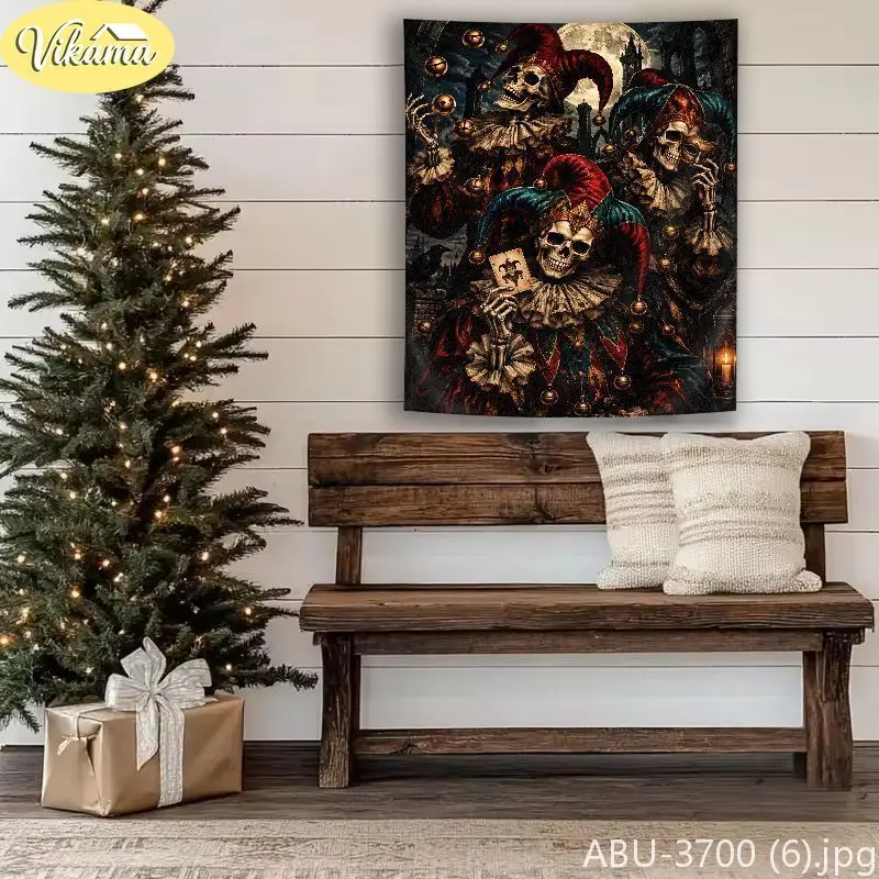 VIKAMA Macabre Santa Skeleton Candle Cathedral Icicle Wall Tapestry Noir Victorian Winter Lunar Frost Festive Room Home Decor