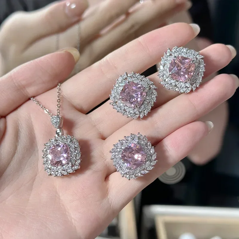 

MDL Moissanite Style Sparkling Princess Pink 10*10 18K Vintage Aquamarine Square Wheat Fringe Zirconia Diamond Ring And Earrings