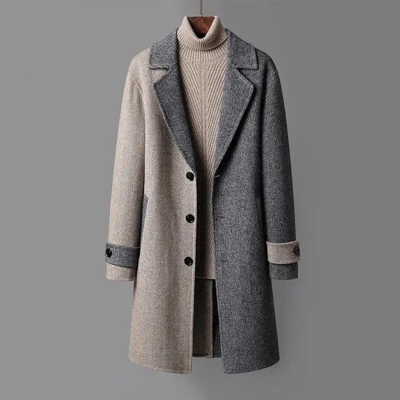 2024 Explosive Autumn Winter Men's Mid-length Woolen Overcoat Youth Korean Version Loose Trench Coat Suit Collar Matching Color