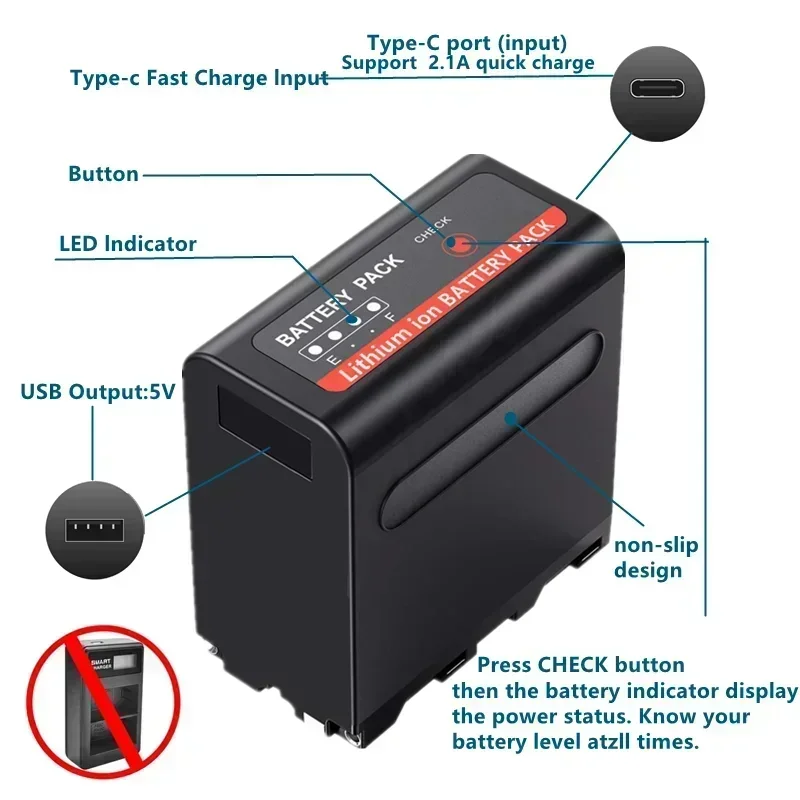 Batería Canon NP-F980 F960 F970 NPF980 de 15000mAh con salida de carga USB para CCD-TRV35 TRV940 CCD-RV100 DCR-TR7Series