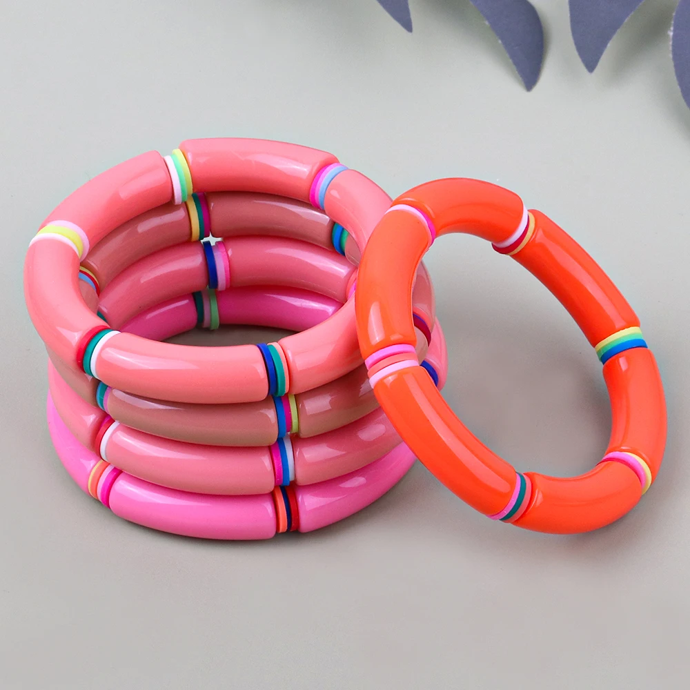 

New Resin Bamboo Elbow Beaded Bracelet for Women Vintage Acrylic Curved Tube large Elastic Bangles Bracelets Summer Jewelry Gift