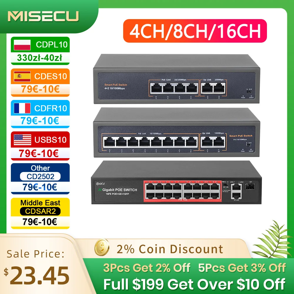 이더넷 IP 카메라, 무선 AP, CCTV 카메라 시스템, 48V 네트워크 POE 스위치, 4/8/16CH, 10/100Mbps 포트, IEEE 802.3 af/at